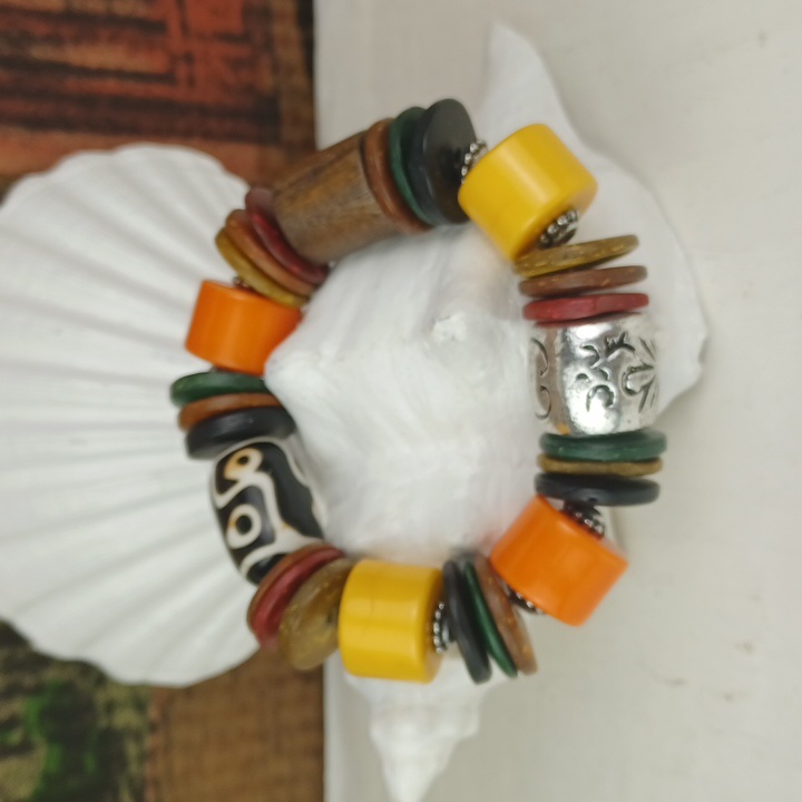 Boho Chic Multicolor Wood Resin Ceramic & Silver Tone Bead Stretch Bangle